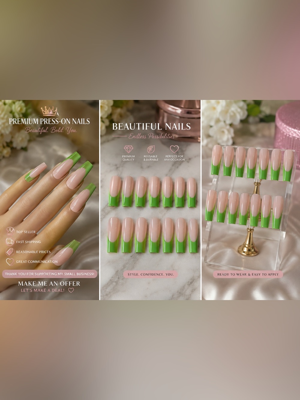 Pink & Green French Tip Press-On Nails | Long Square Nail Set + Application Kit